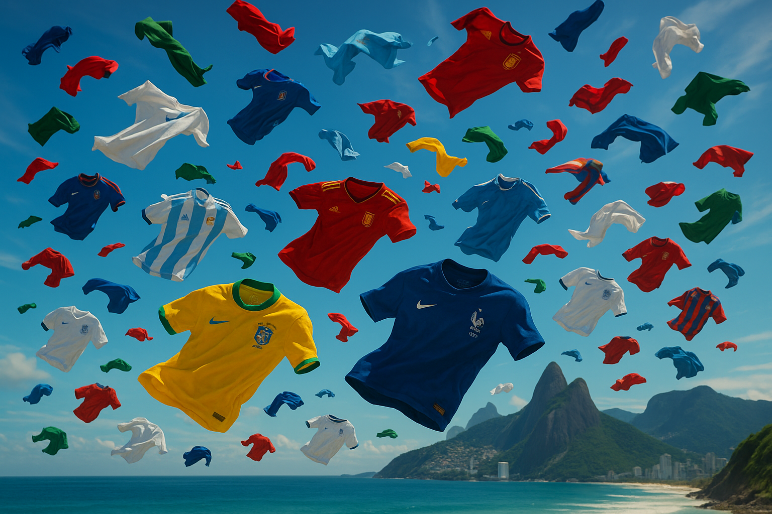 je veux plein de maillot de toute les equipes du monde en lévitation dans le ciel avec un effet vent et je veux quoi voit en arriere plan l'ocean bleu turquoise et une montagne un peu comme a rio